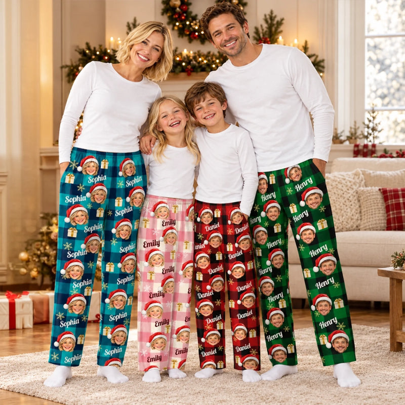 Custom Photo Santa Face Buffalo Plaid Family Christmas Gifts - Personalized Pajama Pants