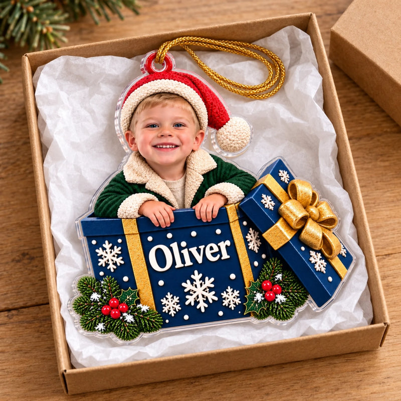 Custom Photo Gift Box Christmas Keepsake for Kids - Personalized Acrylic Ornament