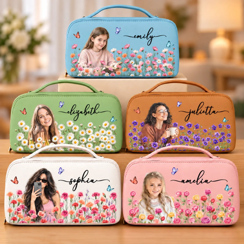 Custom Photo Floral Name Gifts for Women and Girls - Personalized PU Leather Travel Toiletry Bag