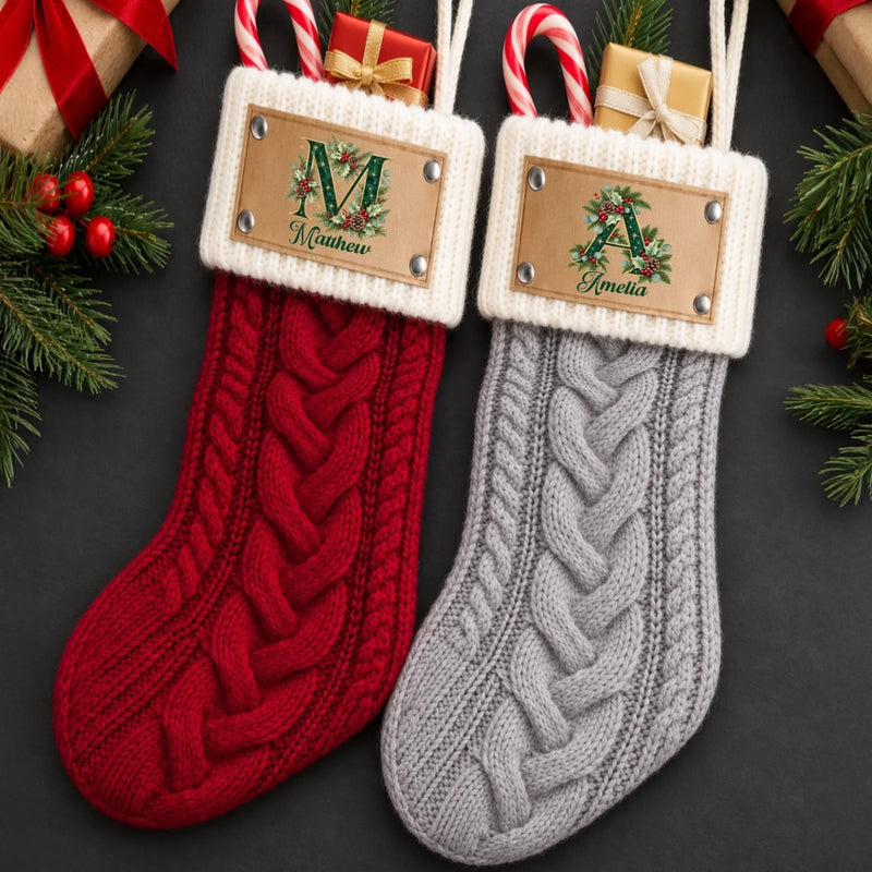 Custom Name Initial Christmas Gifts for Family - Personalized Leather Patch Stockings