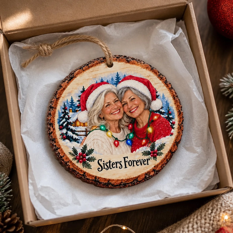 Custom Photo Christmas Gifts for Sisters and Besties - Personalized Wooden Ornament