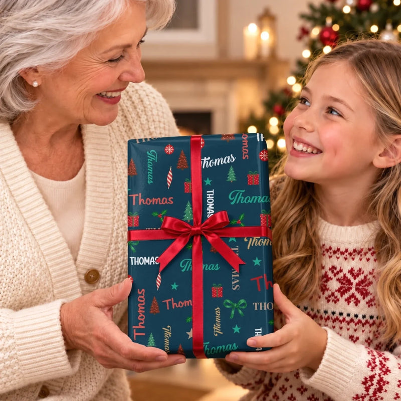 Custom Name Christmas Gift Wrap With Festive Holiday Pattern - Personalized Wrapping Paper