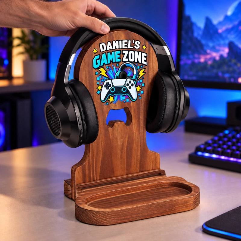 Custom Name Gamer Gifts for Men - Personalized Wooden Headset Stand