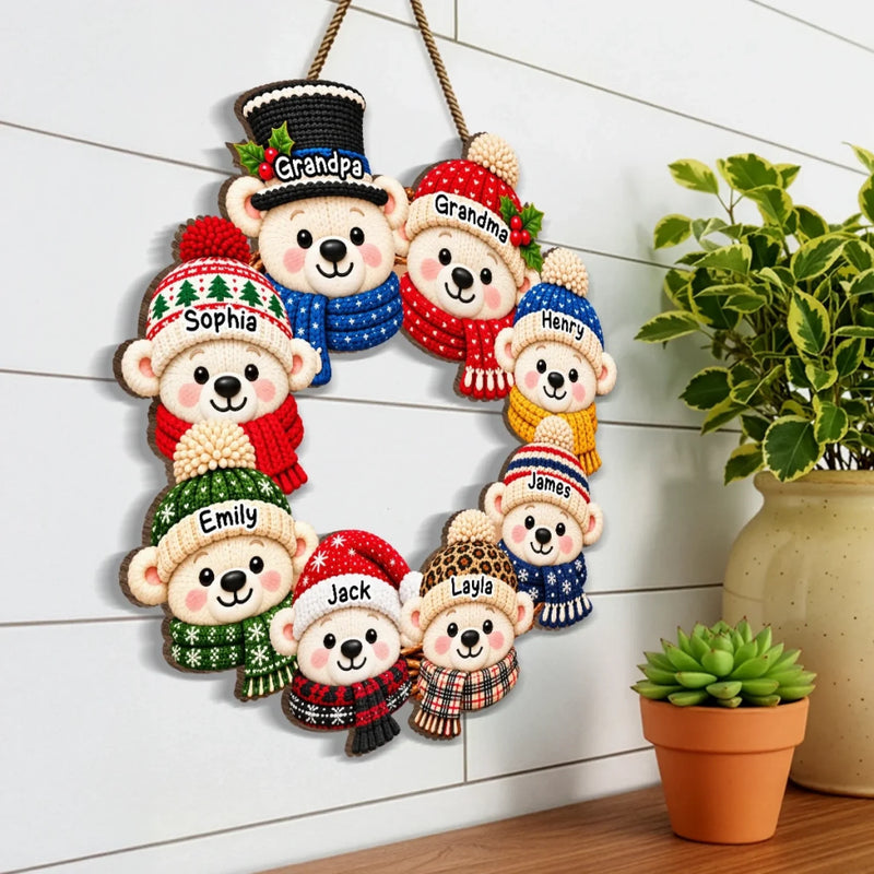 Custom Name Christmas Bear Family Decor - Personalized Shaped Wood Sign