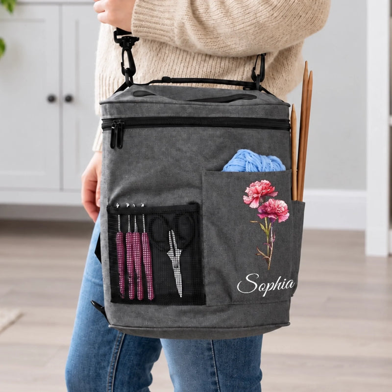 Custom Flower Yarn Storage Bag For Knitters, Women - Personalized Cylindrical Large Yarn Storage Bag
