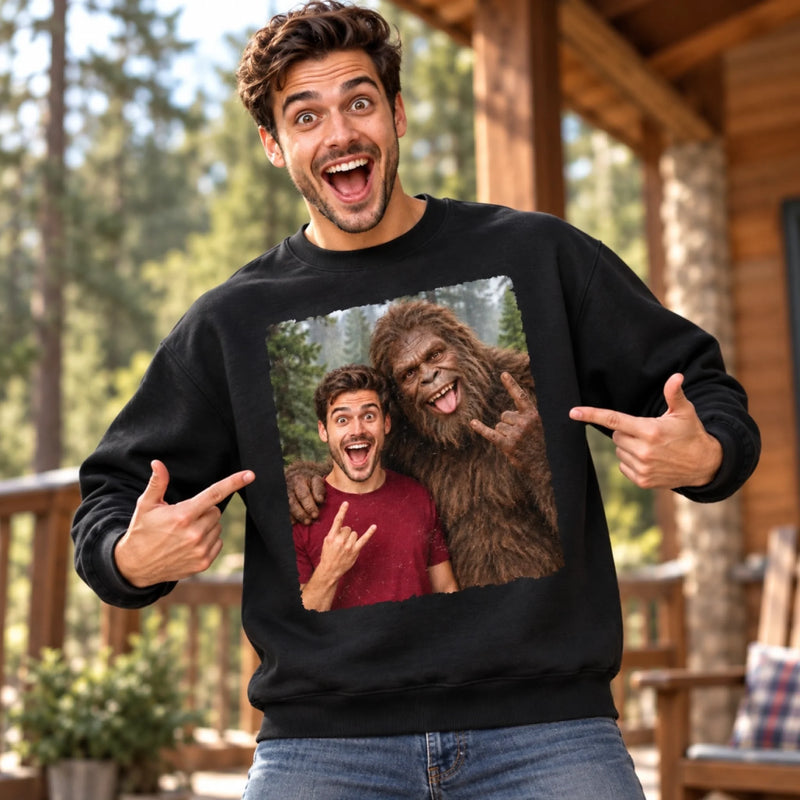 Custom Photo Bigfoot Selfie Funny Prank Gifts For Men And Women - Personalized Crewneck Pullover Sweatshirt