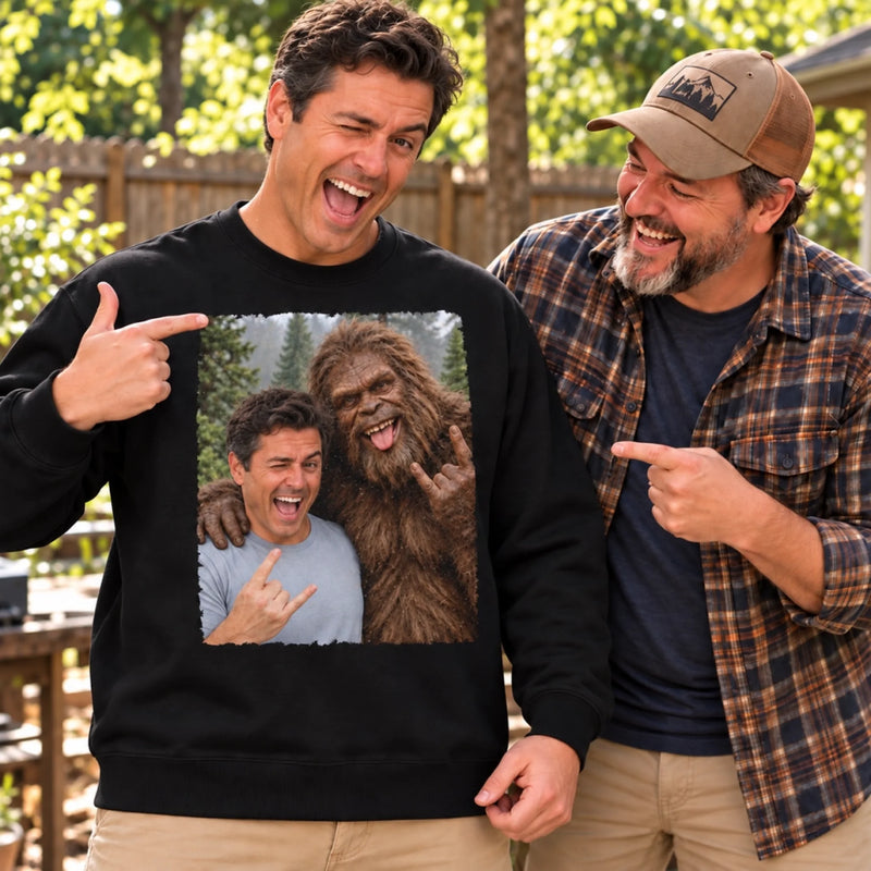 Custom Photo Bigfoot Selfie Funny Prank Gifts For Men And Women - Personalized Crewneck Pullover Sweatshirt