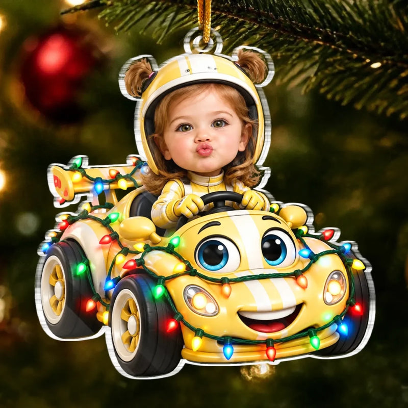 Custom Photo Christmas Astronaut Race Car Gifts for Kids - Personalized Acrylic Ornament