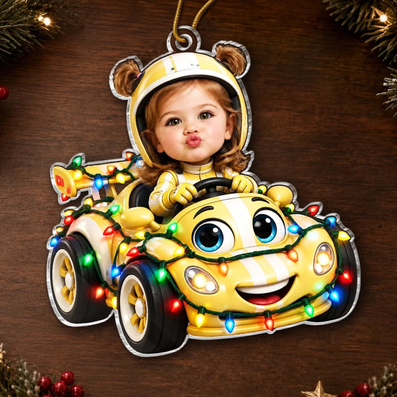 Custom Photo Christmas Astronaut Race Car Gifts for Kids - Personalized Acrylic Ornament