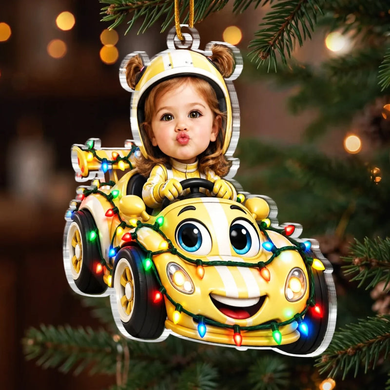 Custom Photo Christmas Astronaut Race Car Gifts for Kids - Personalized Acrylic Ornament
