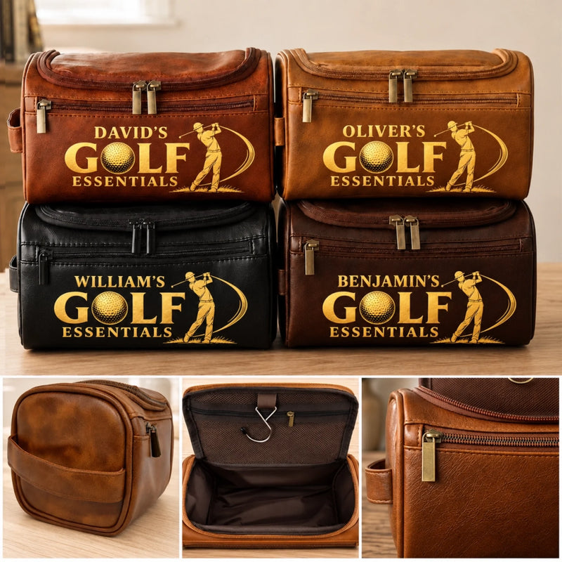 Custom Name Golf Essentials Gifts for Golfers - Personalized Leather Toiletry Bag