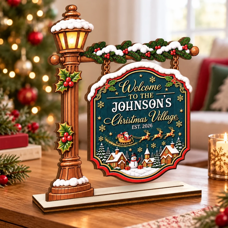 Custom Name Christmas Village Gifts - Personalized 2-Layered Wooden Plaque With Flat Stand