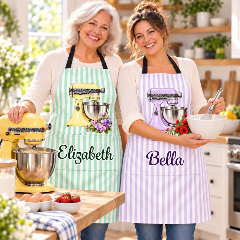 Custom Name Floral Stand Mixer Gifts For Bakers - Personalized Apron With Pocket