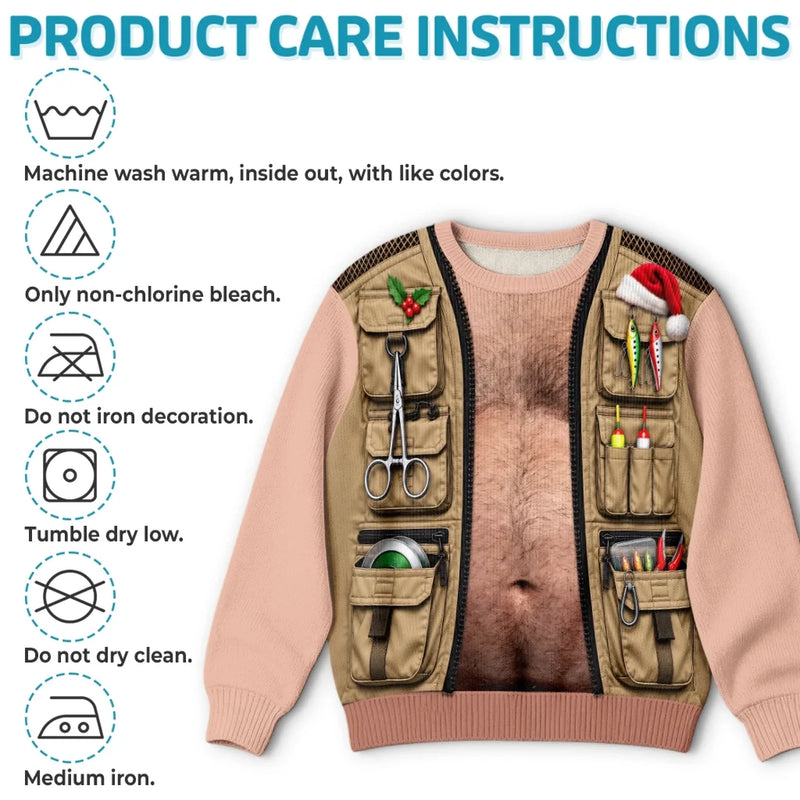 Custom Skin Tone Funny Christmas Fishing Vest Gifts for Men - Personalized Ugly Sweatshirt