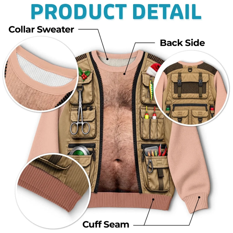 Custom Skin Tone Funny Christmas Fishing Vest Gifts for Men - Personalized Ugly Sweatshirt