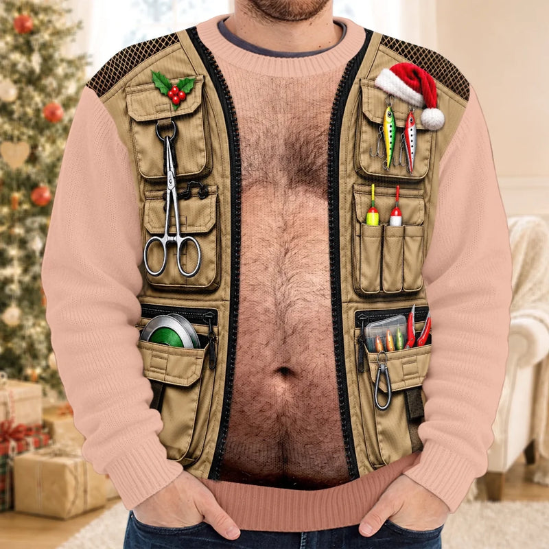 Custom Skin Tone Funny Christmas Fishing Vest Gifts for Men - Personalized Ugly Sweatshirt