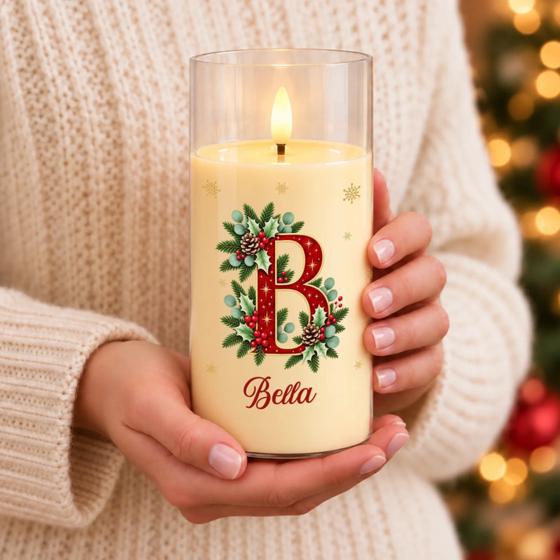Custom Family Name Christmas Holly Decor - Personalized LED Candle Light