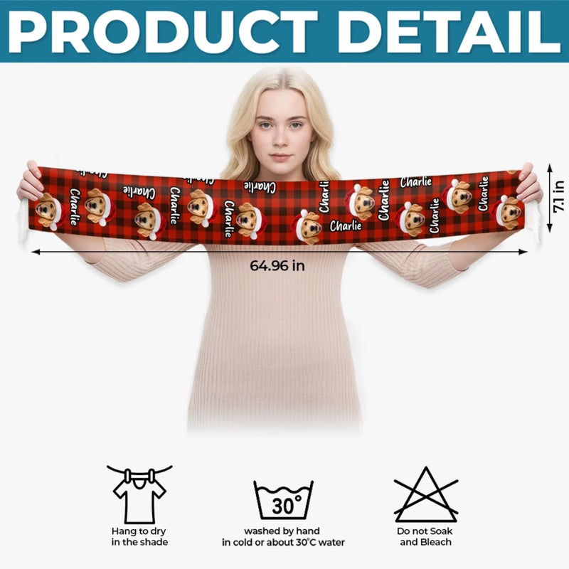 Custom Photo Santa Hat Pet Lover Christmas Gifts - Personalized Wool Scarf With Tassel