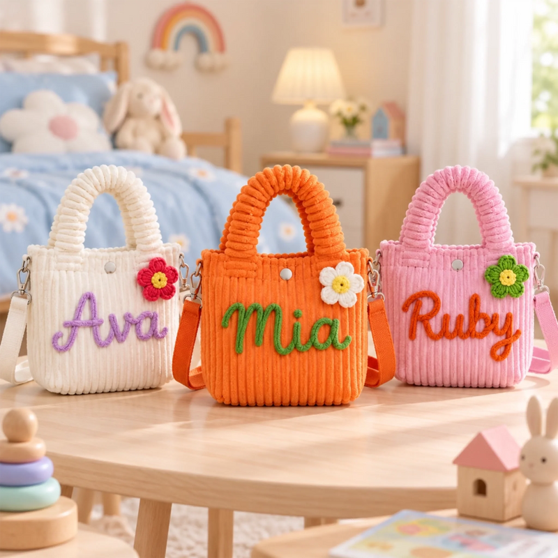 Custom Name and Cute Charm Gifts for Kids - Personalized Corduroy Crossbody Bag