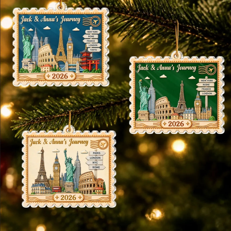 Custom Photo Travel Destinations Postage Stamp Couple Christmas Gifts - Personalized Ornament