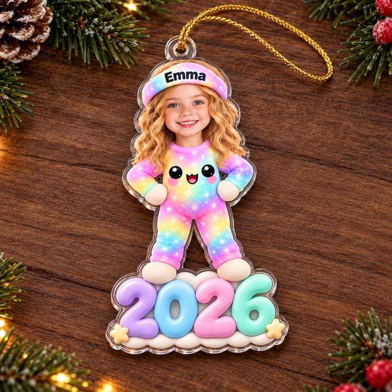 Custom Photo 2026 Pastel Pajama Kids Christmas Gifts - Personalized Acrylic Ornament