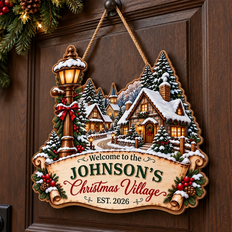 Custom Family Name Christmas Village Welcome Sign Gifts For Family - Personalized Wood Sign