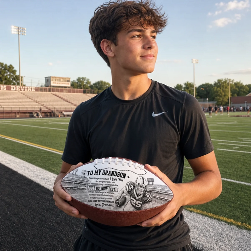 Custom Photo Inspirational Football Gifts for Son, Grandson - Personalized Leather Football