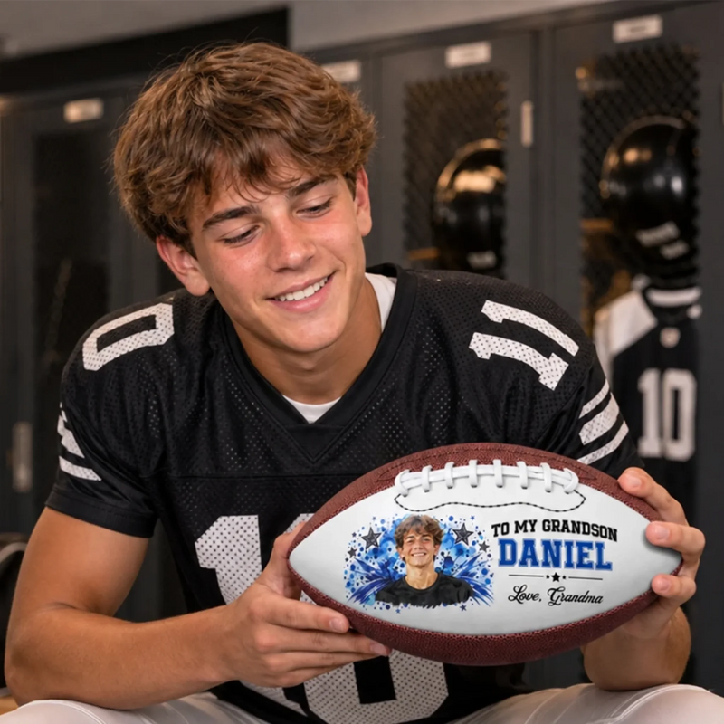 Custom Photo Football Star Gifts for Son, Grandson - Personalized Leather Football