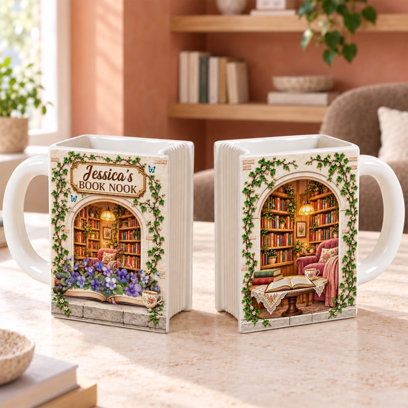Custom Name Book Nook Gifts for Book Lovers - Personalized Book Shaped Ceramic Mug