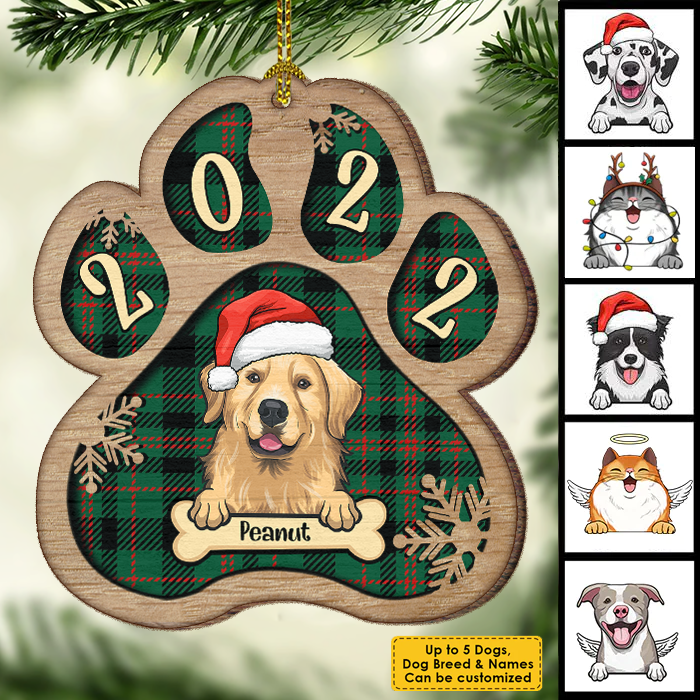 Personalized Custom Paw Shaped Wood Christmas Ornament - Dog, Cat And Snow - Plaid Buffalo Pattern - Customized Decoration And Year Gift For Pet Lovers
