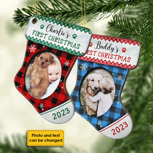 First Christmas - Christmas Is On Its Way - Upload Pet Photo - Personalized Custom Stocking Shaped Wood Christmas Ornament