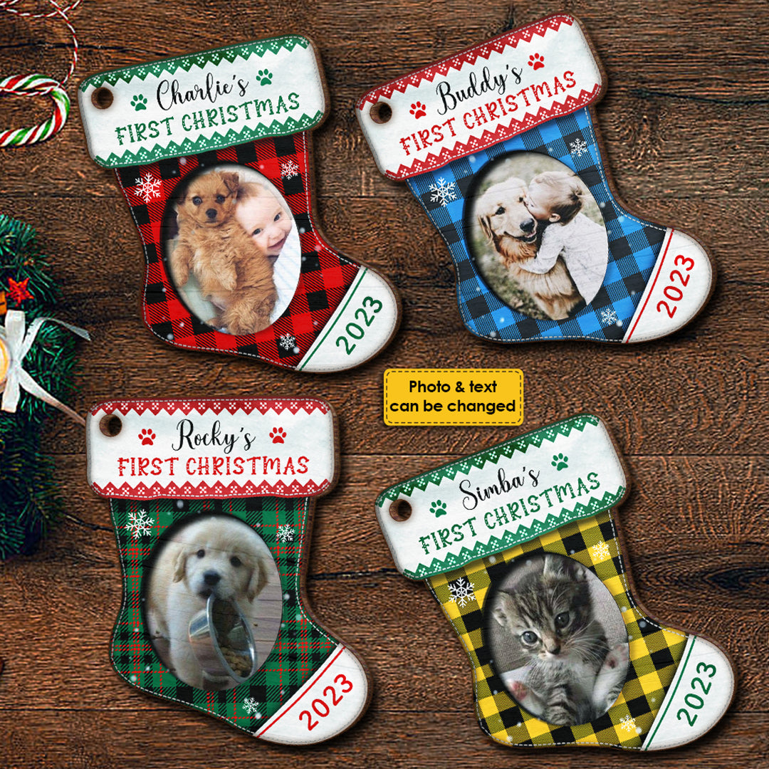 First Christmas - Christmas Is On Its Way - Upload Pet Photo - Personalized Custom Stocking Shaped Wood Christmas Ornament