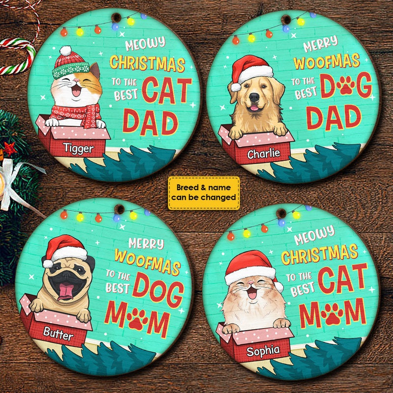 Meowy Woofmas To The Best Mom And Dad - Personalized Custom Round Shaped Wood Christmas Ornament