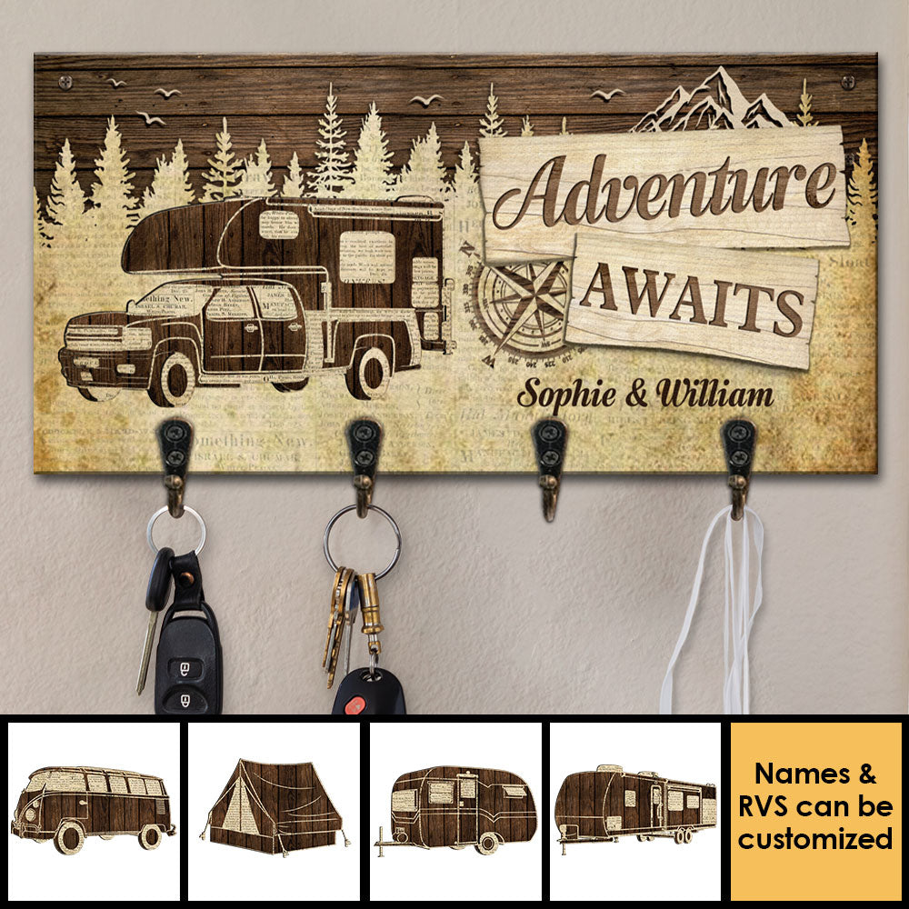Adventure Awaits Us - Personalized Key Hanger, Key Holder - Gift For Camping Couples, Husband Wife