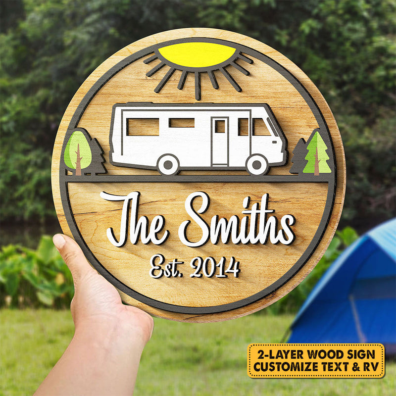 Family Camping Trip - Personalized Shaped Wood Sign, 2 Layers Sign - Gift For Camping Lovers