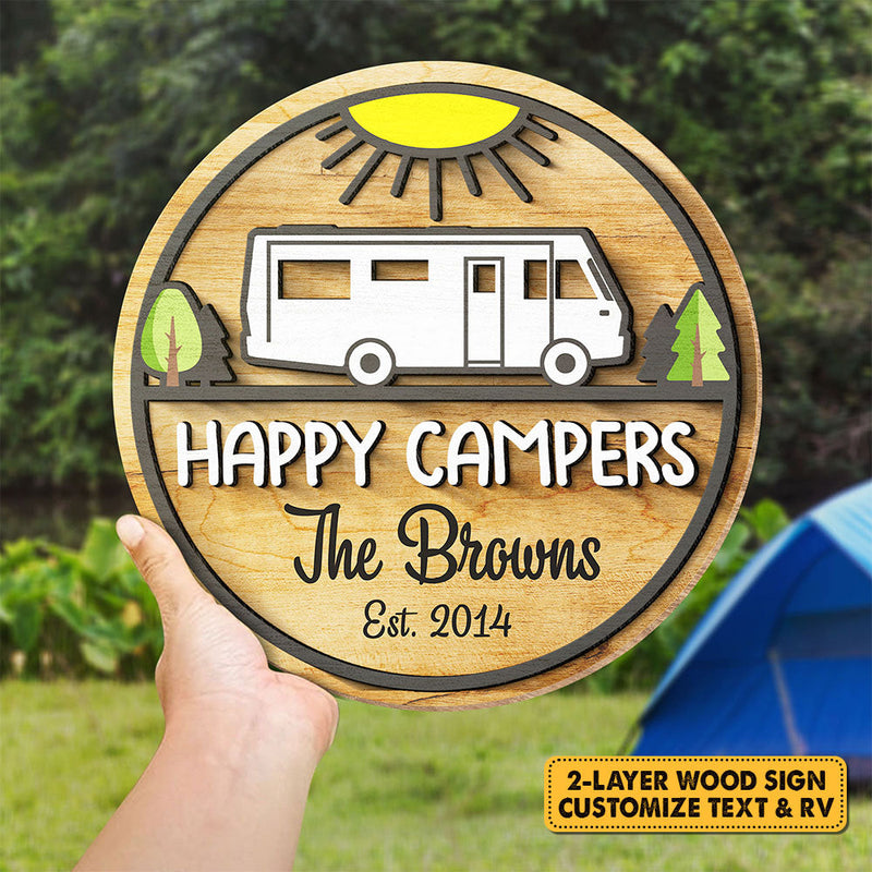 Family Happy Campers - Personalized Shaped Wood Sign, 2 Layers Sign - Gift For Camping Lovers