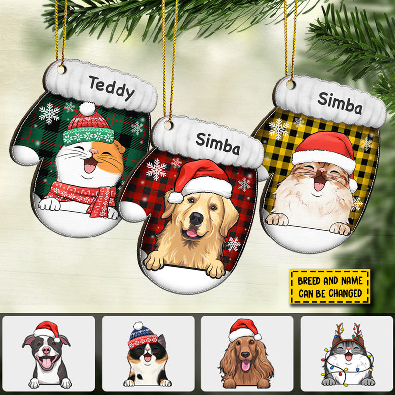 Happy Cats And Dogs On Christmas Day - Personalized Custom Glove Shaped Wood Christmas Ornament
