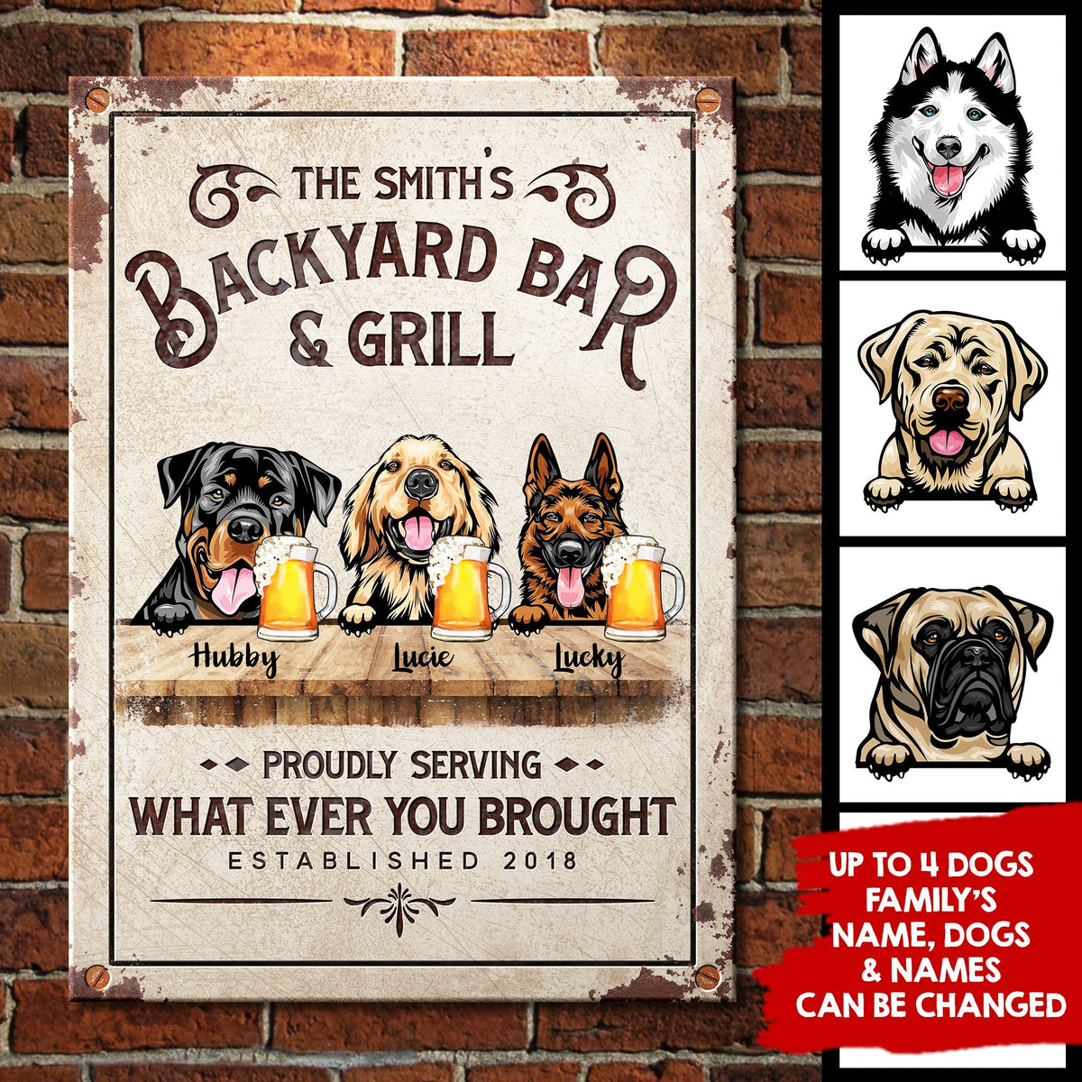 Family Backyard Bar & Grill - Funny Personalized Dog Metal Sign.