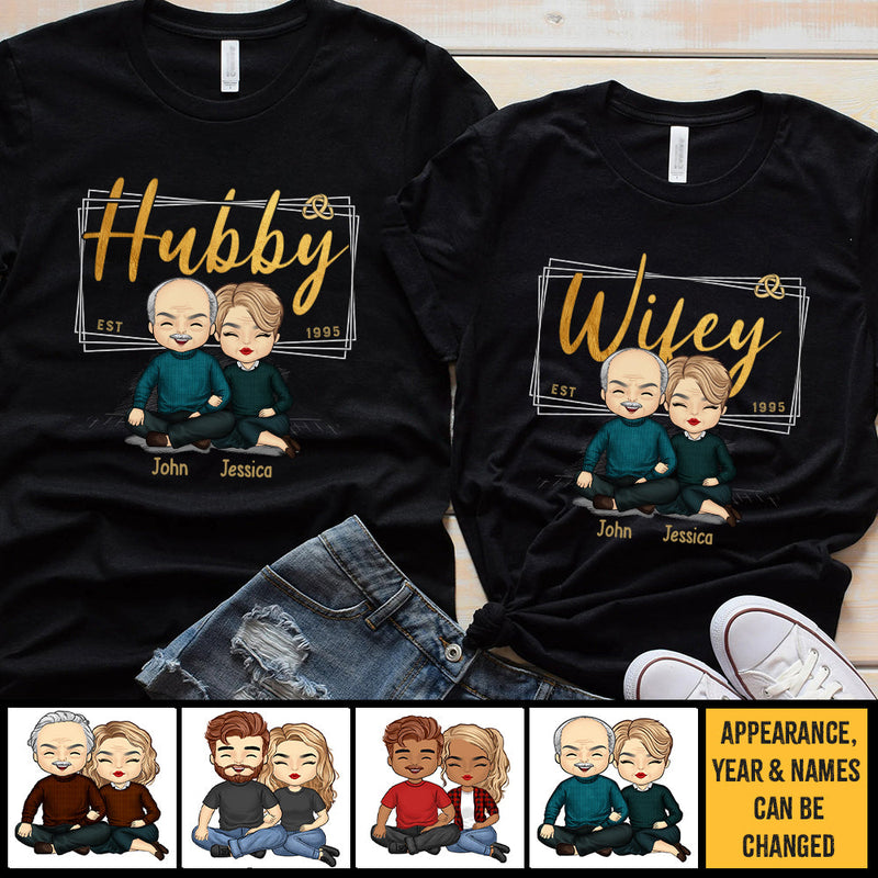 Hubby & Wifey Est Year - Personalized Matching Couple T-Shirt - Gift For Couple, Husband Wife, Anniversary, Engagement, Wedding, Marriage Gift