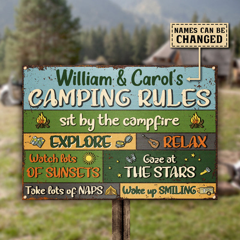 Sit By The Campfire Explore & Relax - Camping Rules - Personalized Metal Sign