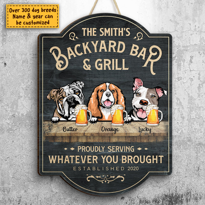 Family Backyard Bar & Grill - Gift For Dog Lovers, Personalized Shaped Door Sign