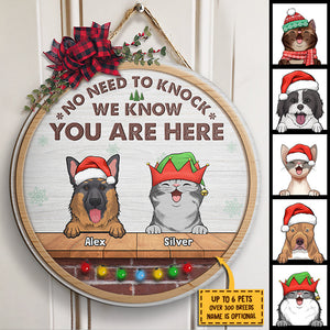 We Know You Are Here - Christmas Dogs & Smiling Cats - Funny Personalized Door Sign.