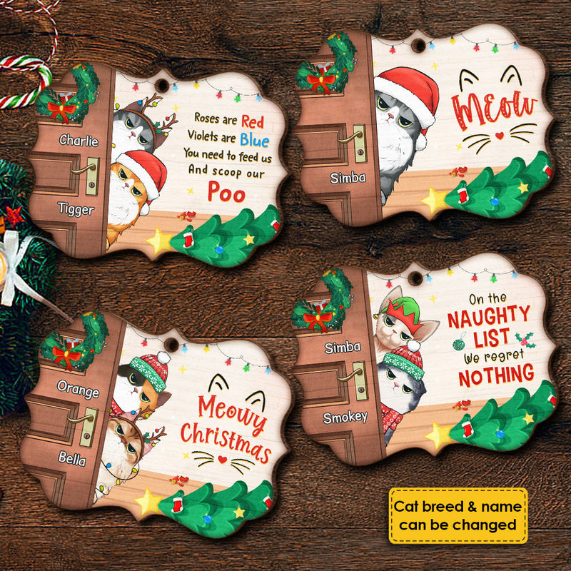 Naughty Cats Behind The Door - Personalized Custom Benelux Shaped Wood Christmas Ornament