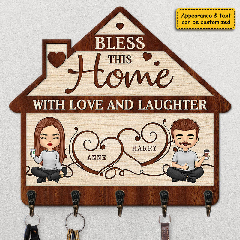 Bless This Home With Love And Laughter - Personalized Key Hanger, Key Holder - Gift For Couple, Husband Wife, Anniversary, Engagement, Wedding, Marriage Gift