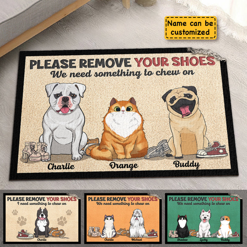 Please Remove Your Shoes, We Need Something To Chew On - Personalized Shaped Decorative Mat - Gift For Pet Lovers, Pet Owners, Pet Gift