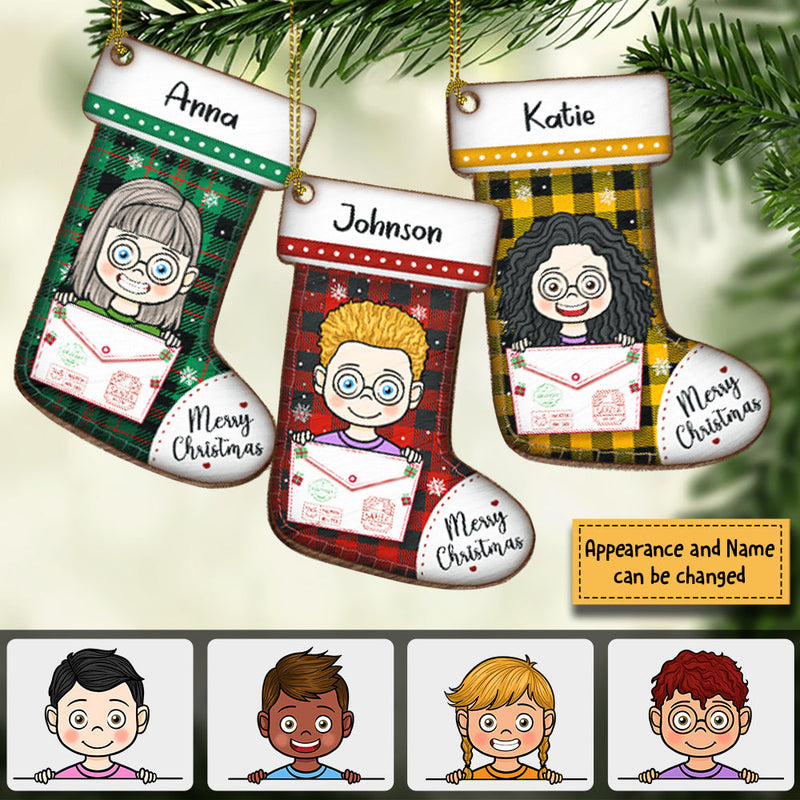 Happy Christmas With Kids - Personalized Custom Stocking Shaped Wood Christmas Ornament