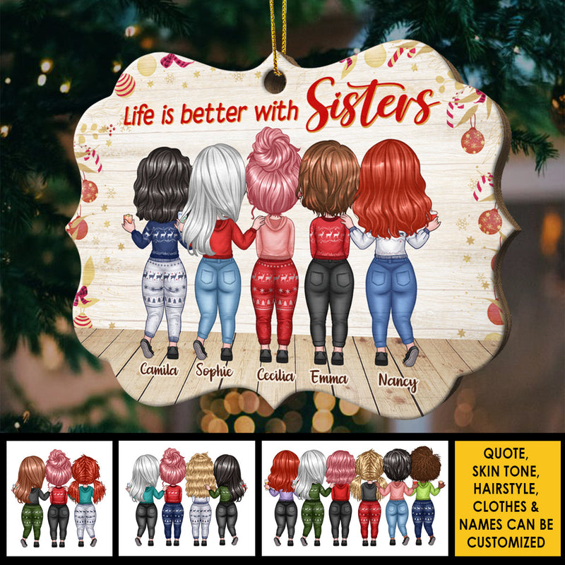 Sisters Forever, Never Apart - Maybe In Distance But Never At Heart  - Personalized Custom Benelux Shaped Wood Christmas Ornament