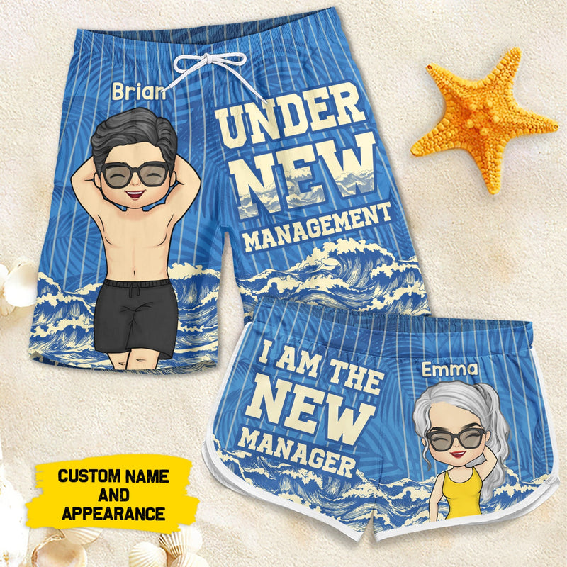 Under New Management - Personalized Couple Beach Shorts - Gift For Couples, Husband Wife