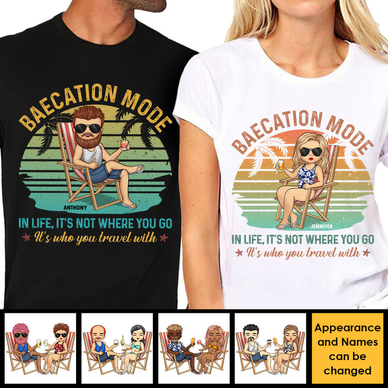 It's Not Where You Go, It's Who You Travel With - Personalized Matching Couple T-Shirt - Gift For Couple, Husband Wife, Anniversary, Engagement, Wedding, Marriage Gift