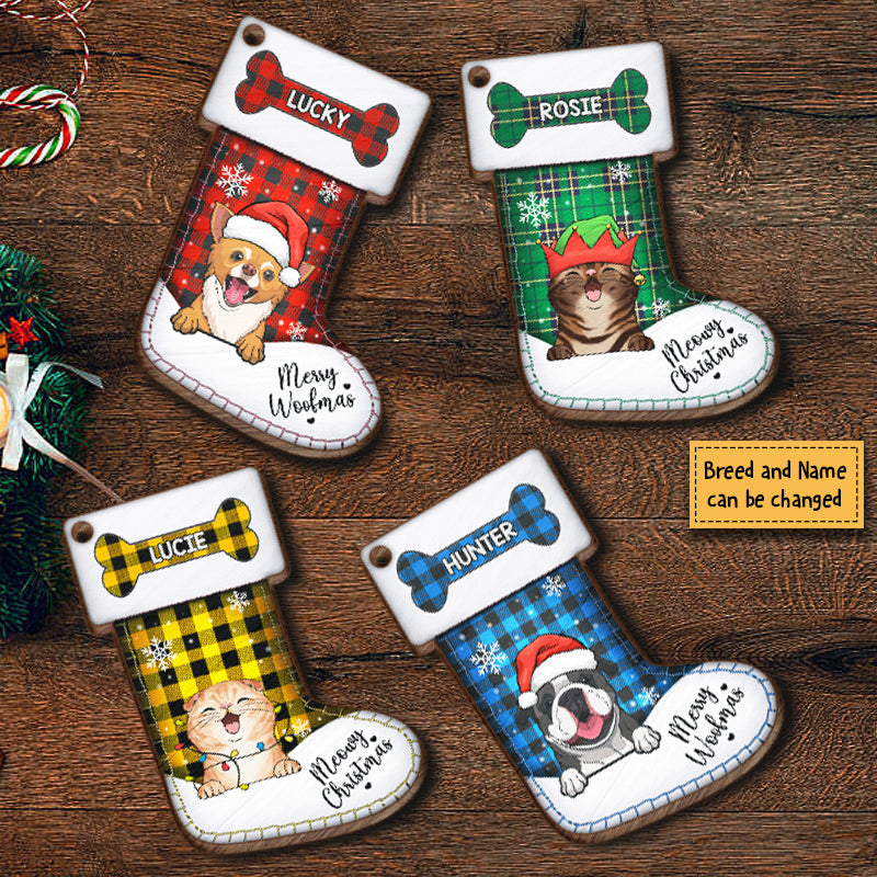 Merry Woofmas & Meowy Christmas - Christmas Dogs, Smiling Cats And Snow - Personalized Custom Stocking Shaped Wood Christmas Ornament, Customized Decoration Gift!